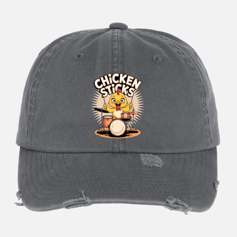 Funny chicken on drums with drumsticks Flexfit Vintage Destroyed Cap