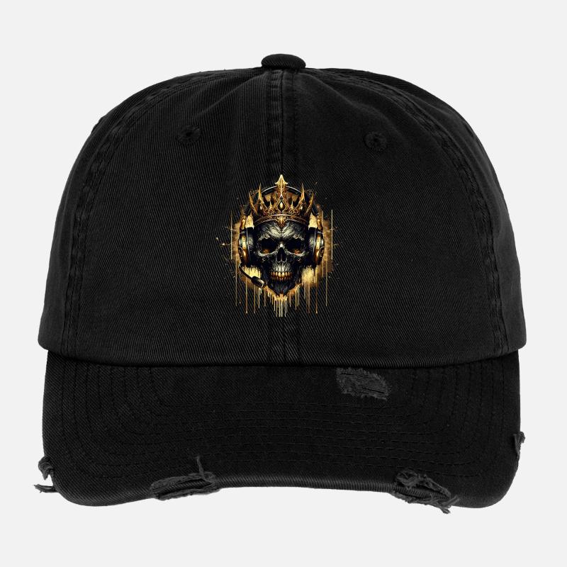 Golden Gaming Skull with Crown and Headset Flexfit Vintage Destroyed Cap