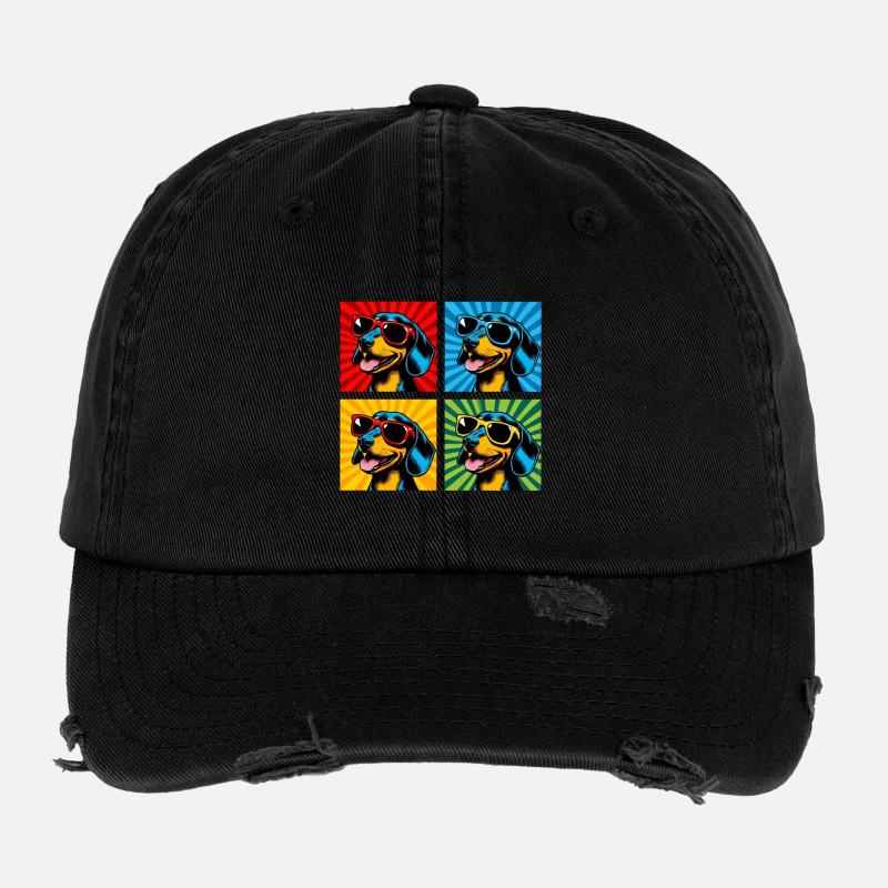 Pop Art Dachshund Sausage, Pretzel, Noodle, Wiener Flexfit Vintage Destroyed Cap