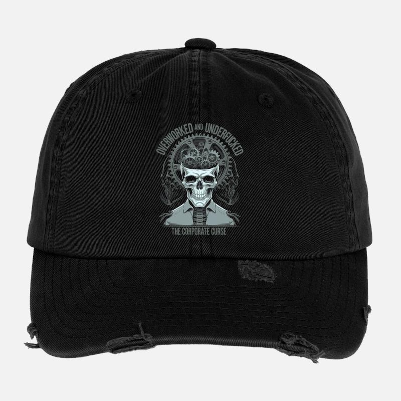 Overworked & Exhausted - Corporate Curse Skull Art Flexfit Vintage Destroyed Cap