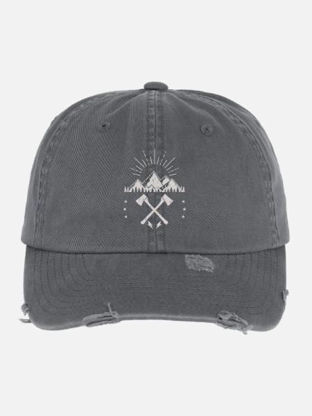 Robustes Berg-Sonnenaufgangsaxt-Emblem - Flexfit Vintage Destroyed Cap - Dunkelgrau - Vorne