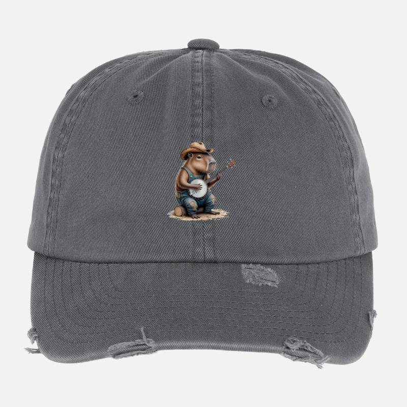 Cool Capybara Playing Banjo Flexfit Vintage Destroyed Cap