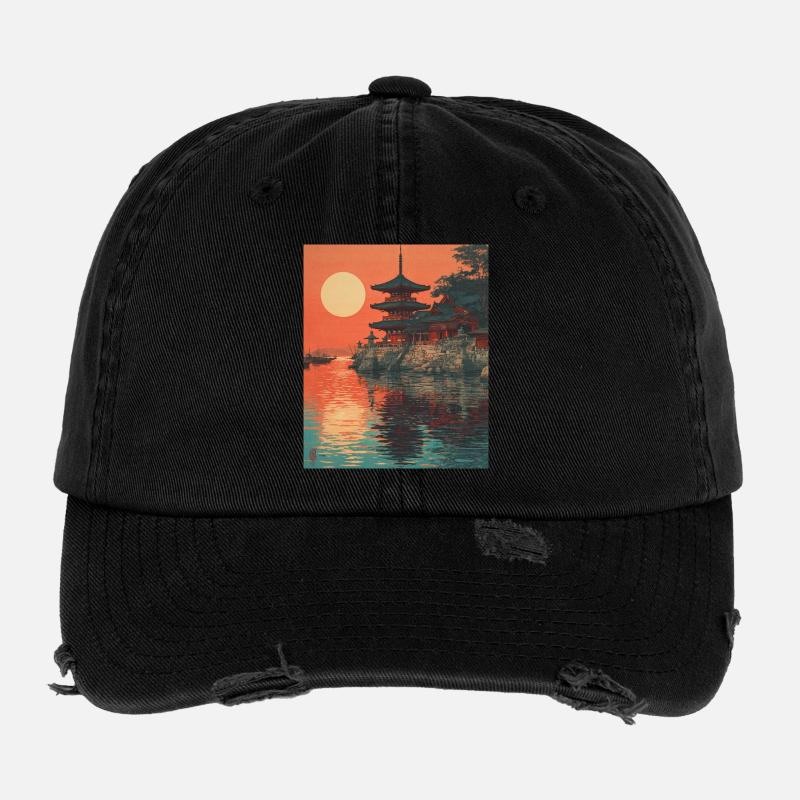 Serene Japanese Sunset by the River Flexfit Vintage Destroyed Cap