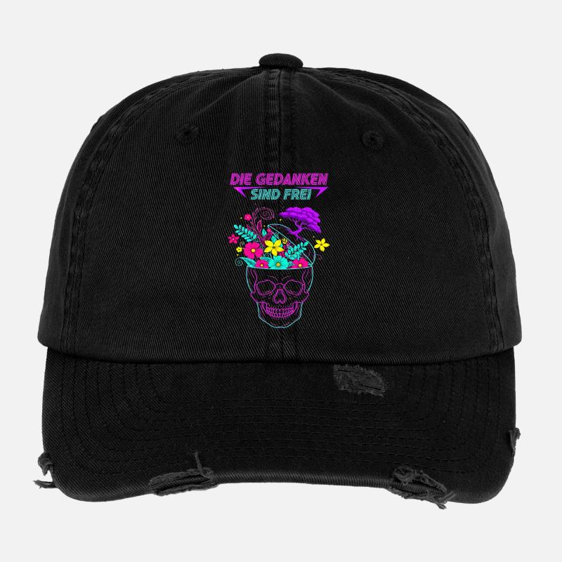 Neon Blumen Schädel - Gedanken sind Frei  Flexfit Vintage Destroyed Cap