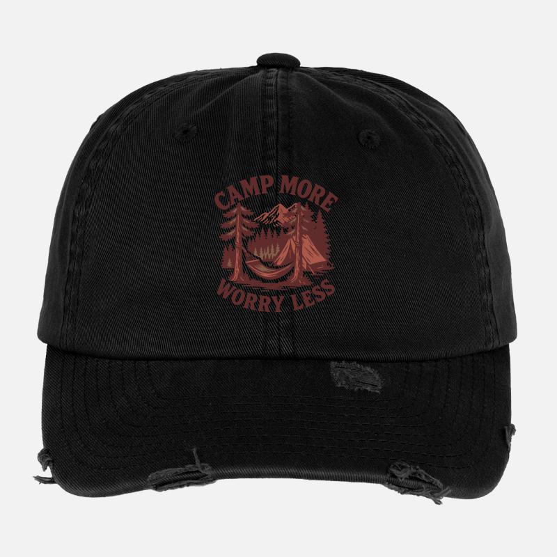 Camp More Worry Less Funny Camping Camper Flexfit Vintage Destroyed Cap