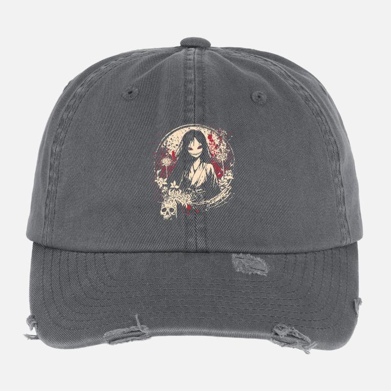 Horror Manga Dämon Mädchen Kimono Design Flexfit Vintage Destroyed Cap