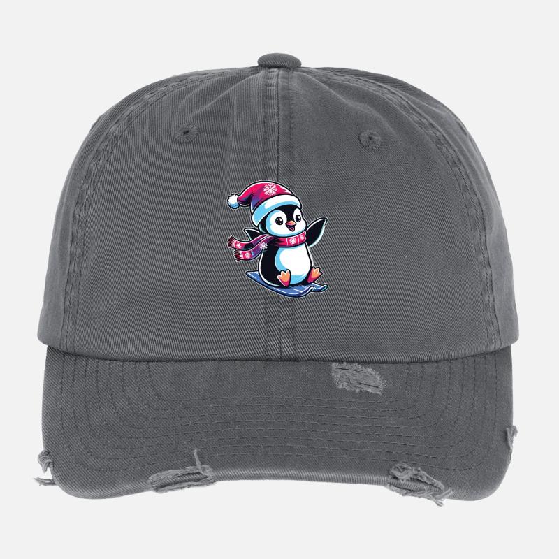 Penguin Christmas Skiing Running Penguins Flexfit Vintage Destroyed Cap