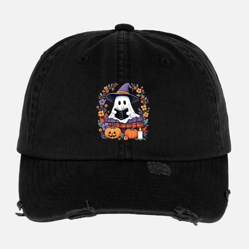 Cozy Halloween Witch Ghost with Pumpkins Flexfit Vintage Destroyed Cap