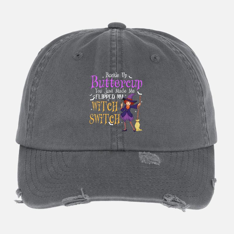 Buckle Up Buttercup Witch Switch Halloween Flexfit Vintage Destroyed Cap