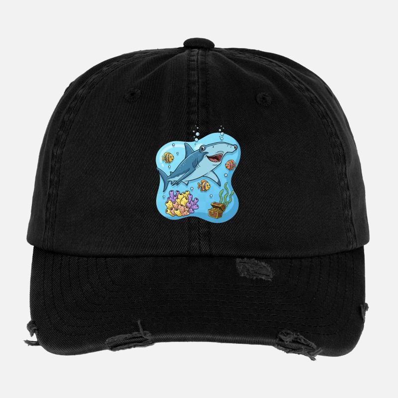 Cartoon Style Hammerhead Shark In Ocean Flexfit Vintage Destroyed Cap