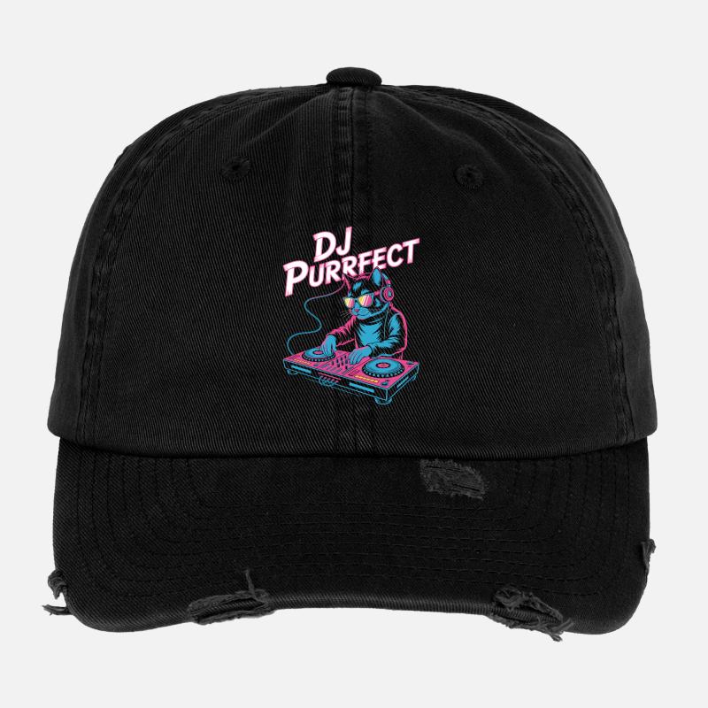 DJ PURRRFECT Chat DJ avec Table de mixage Rave Casquette vintage effet usé Flexfit