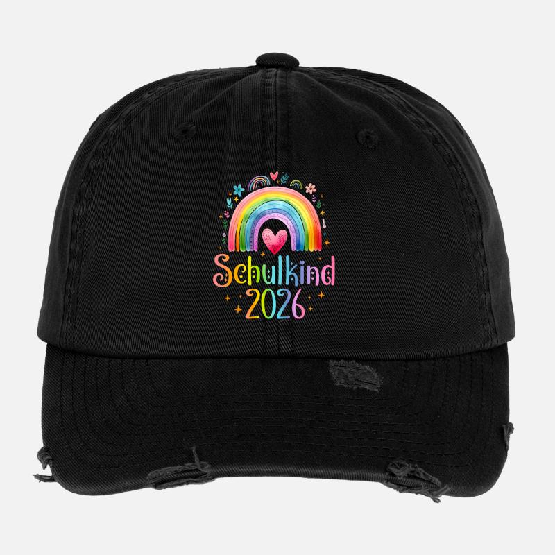 Schulkind 2026 Regenbogen Herz Flexfit Vintage Destroyed Cap