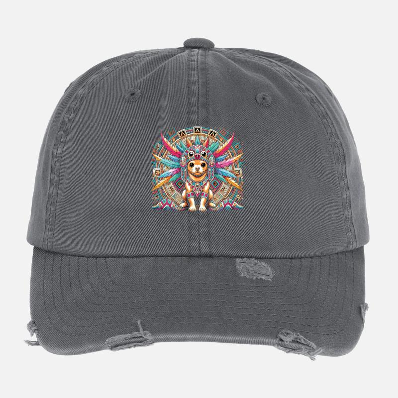 Aztec dog with feathers Flexfit Vintage Destroyed Cap