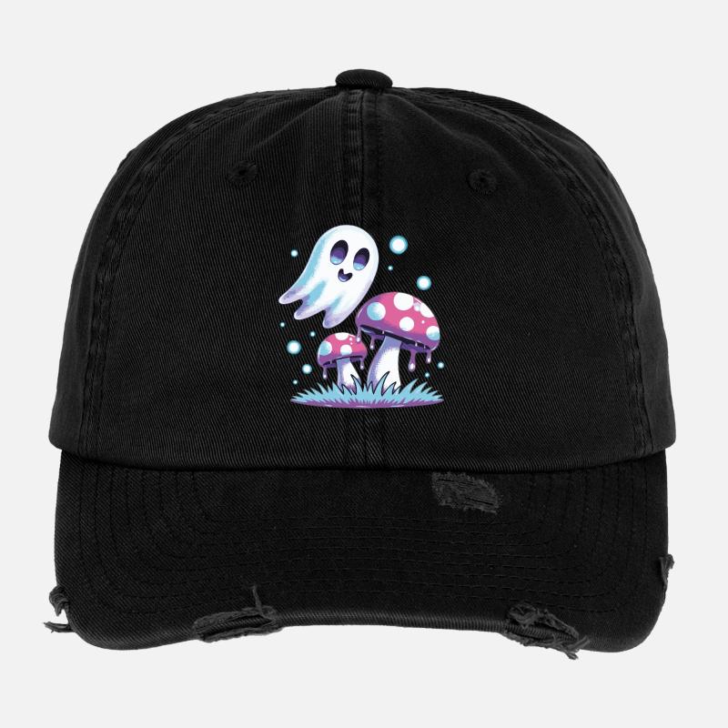 Kawaii Ghost & Mushrooms – Pastel Design Flexfit Vintage Destroyed Cap
