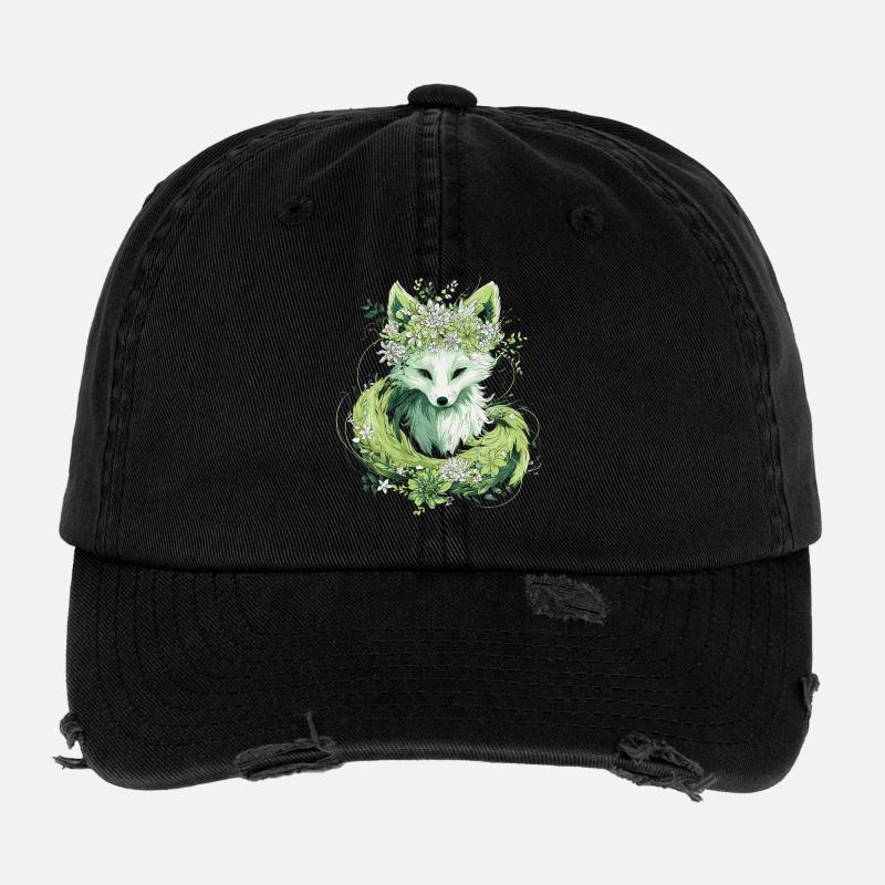 Kitsune Fuchs Boho Blumen Natur Flexfit Vintage Destroyed Cap