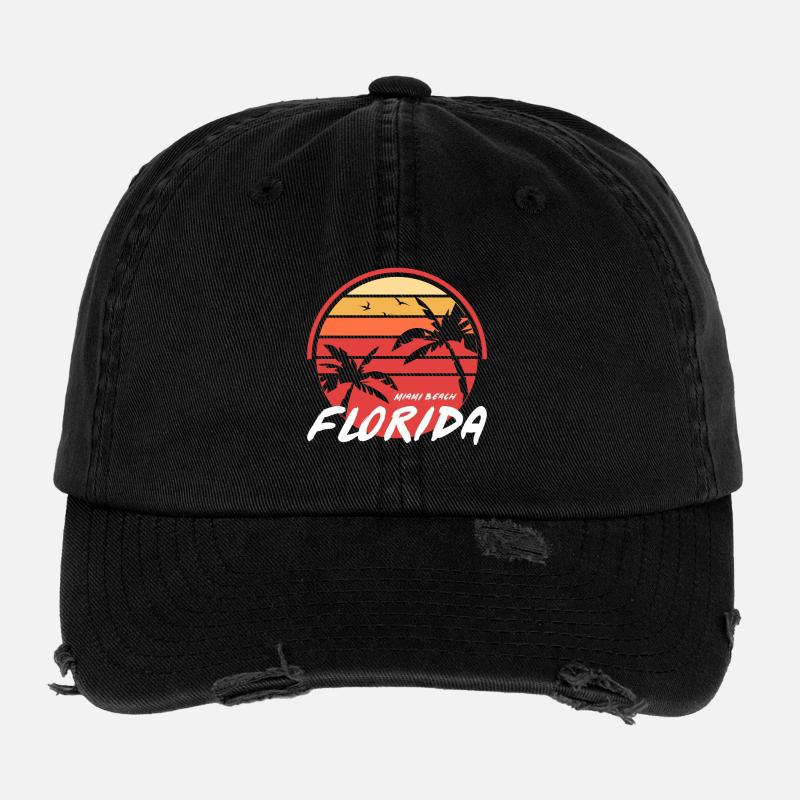 Miami Sunset Palms Floride Casquette vintage effet usé Flexfit