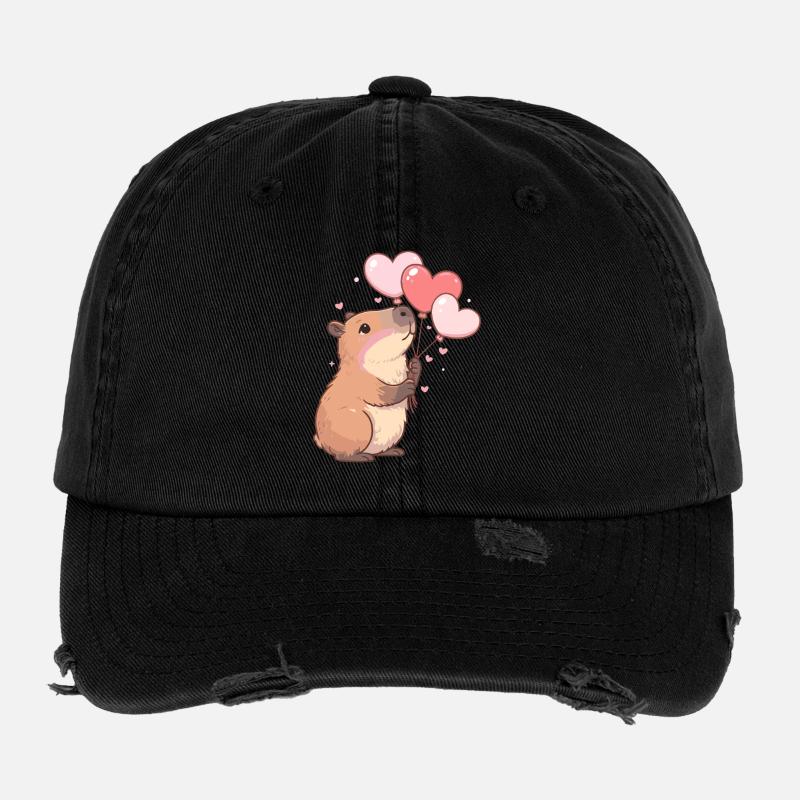 Capybara with Heart Balloons – Cute Valentine's Motif Flexfit Vintage Destroyed Cap