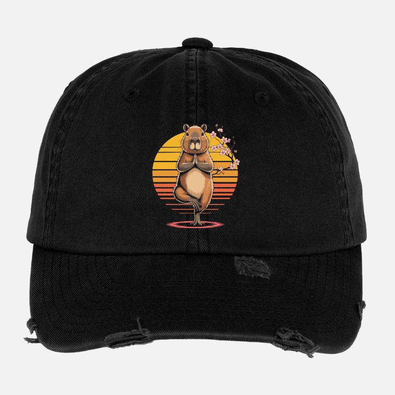 Capybara Yoga Meditation Abendrot Flexfit Vintage Destroyed Cap