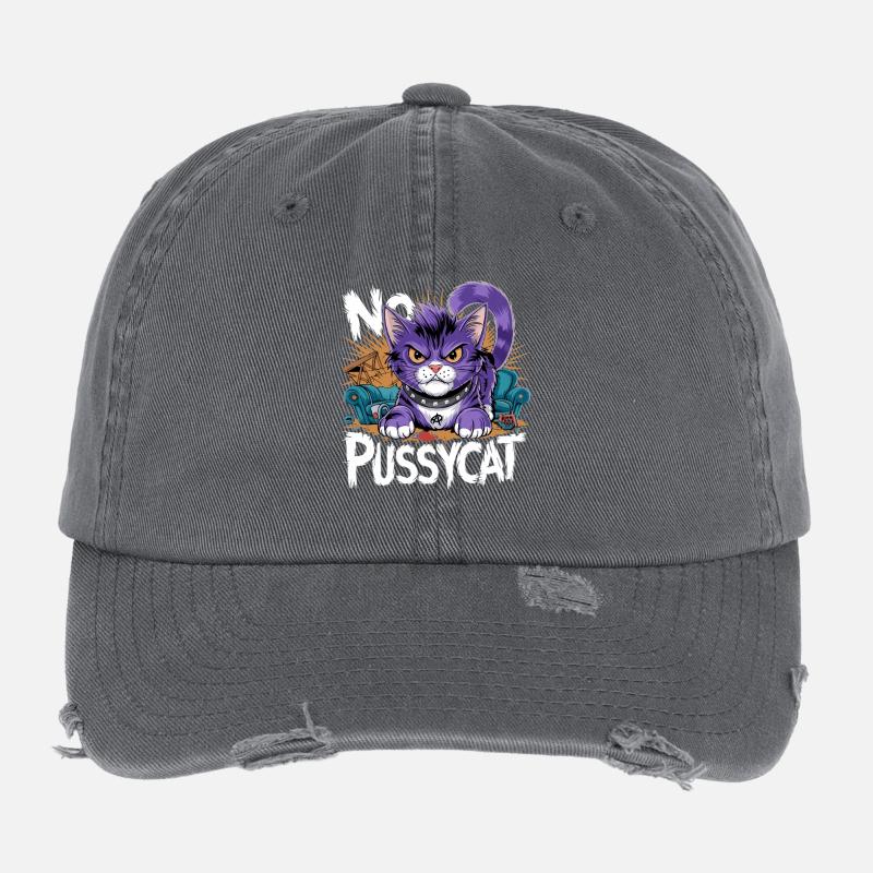 No Pussycat Rebellious Fighting Cat Flexfit Vintage Destroyed Cap