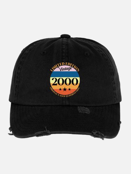 2000er Vintage-Geburtstagsgeschenk - Flexfit Vintage Destroyed Cap - Schwarz - Vorne