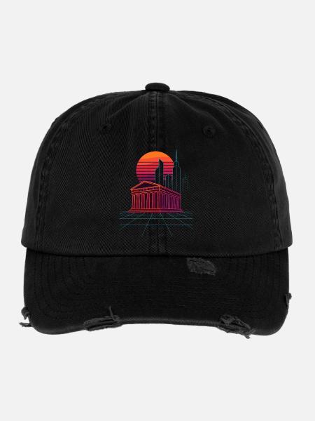 Neon Skyline trifft antike Säulen - Athen - Flexfit Vintage Destroyed Cap - Schwarz - Vorne