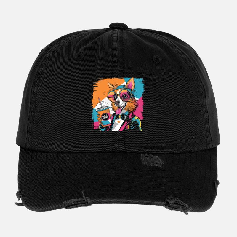 Po Art Dog with Drink Colorful Comic Design - Flexfit Vintage Destroyed Cap - black