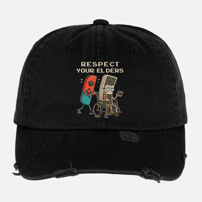Respect Your Elders Funny Retro Gaming Controller Flexfit Vintage Destroyed Cap