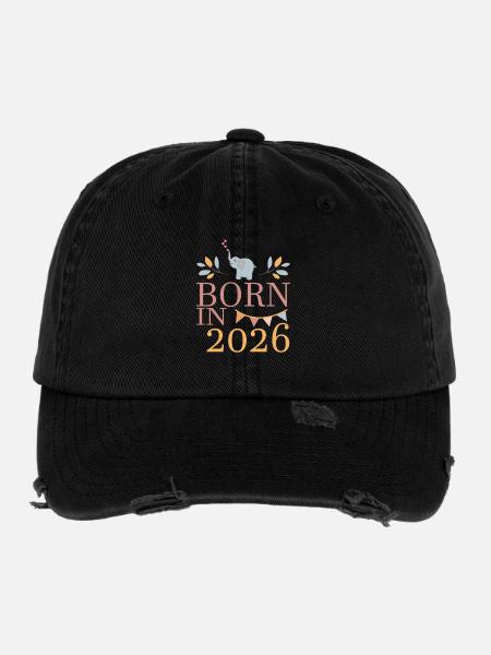 Baby Geboren in 2026 Born in 2026 Süßer Elefant - Flexfit Vintage Destroyed Cap - Schwarz - Vorne