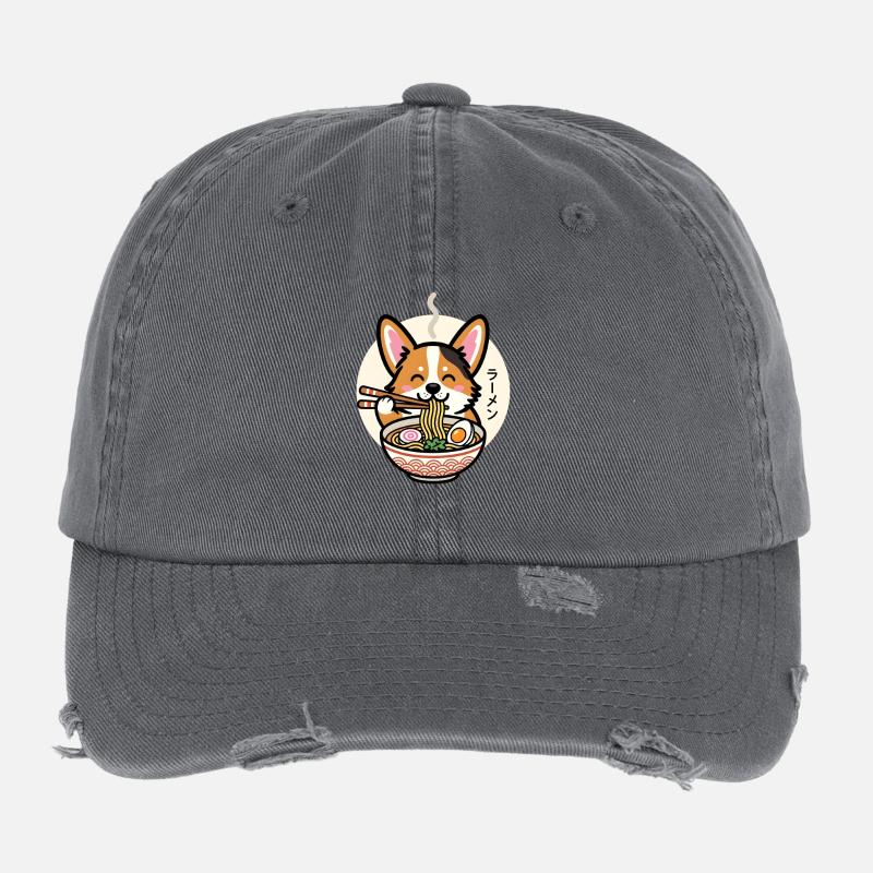 Corgi mignon mangeant de délicieuses nouilles ramen Casquette vintage effet usé Flexfit