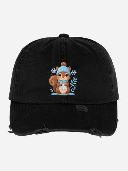 Winterliches Eichhörnchen Motiv - Flexfit Vintage Destroyed Cap - Schwarz