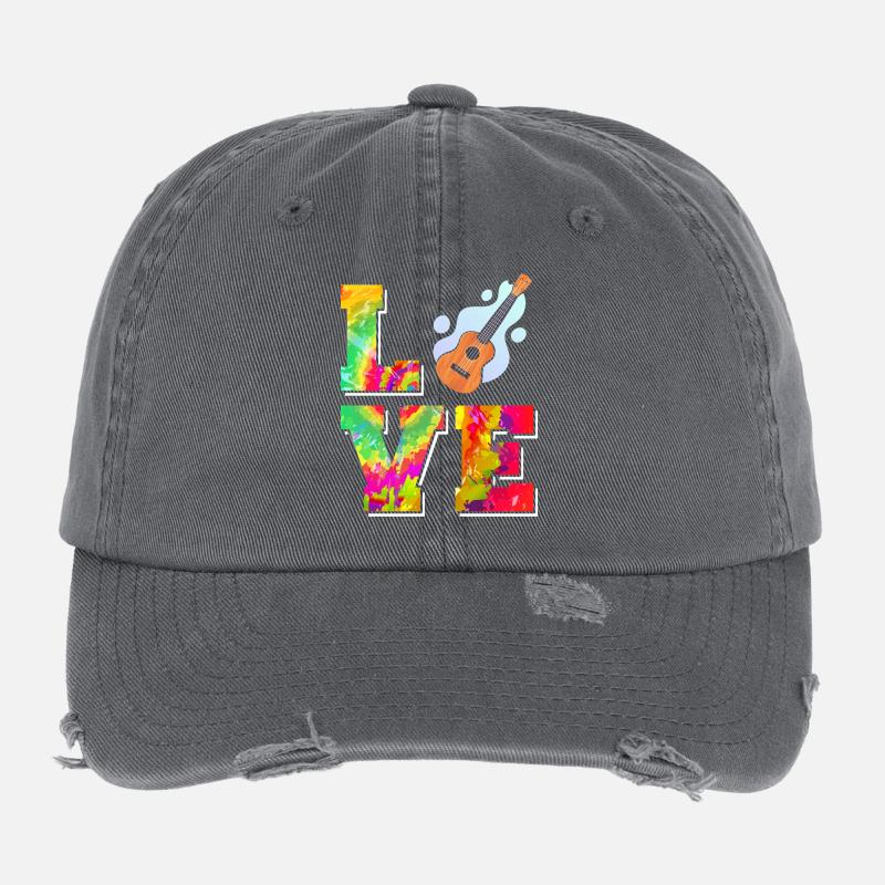 Hawaiian Ukulele Uke Tie Dye Love Flexfit Vintage Destroyed Cap