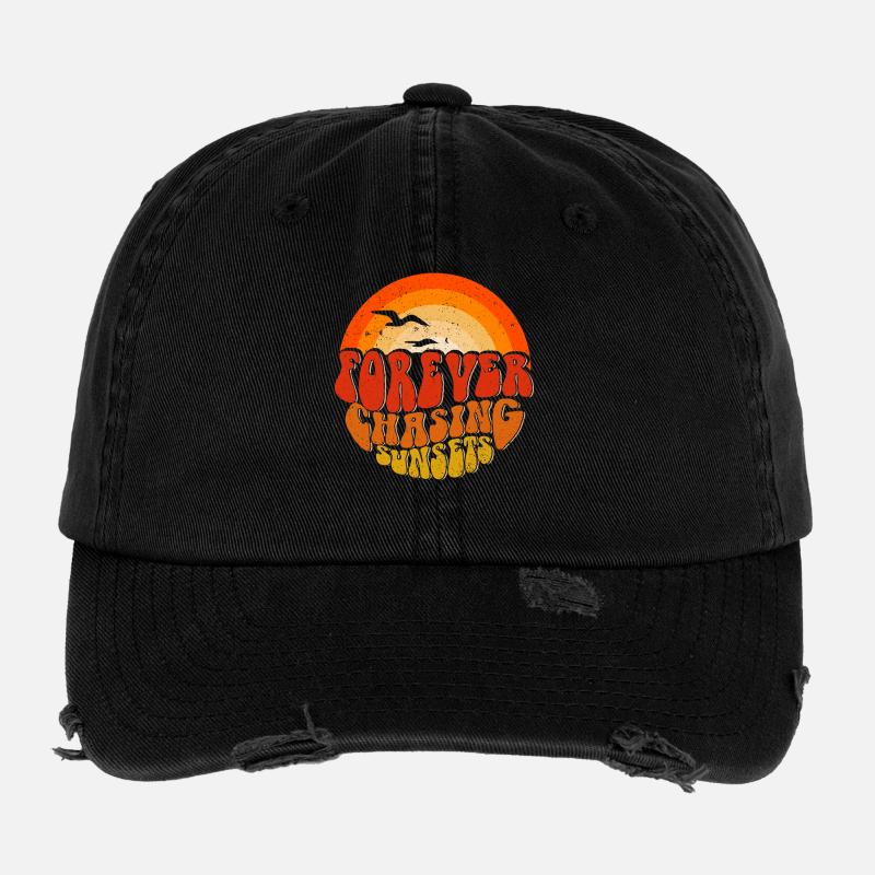 Forever Chasing Sunsets Retro Emblem Flexfit Vintage Destroyed Cap