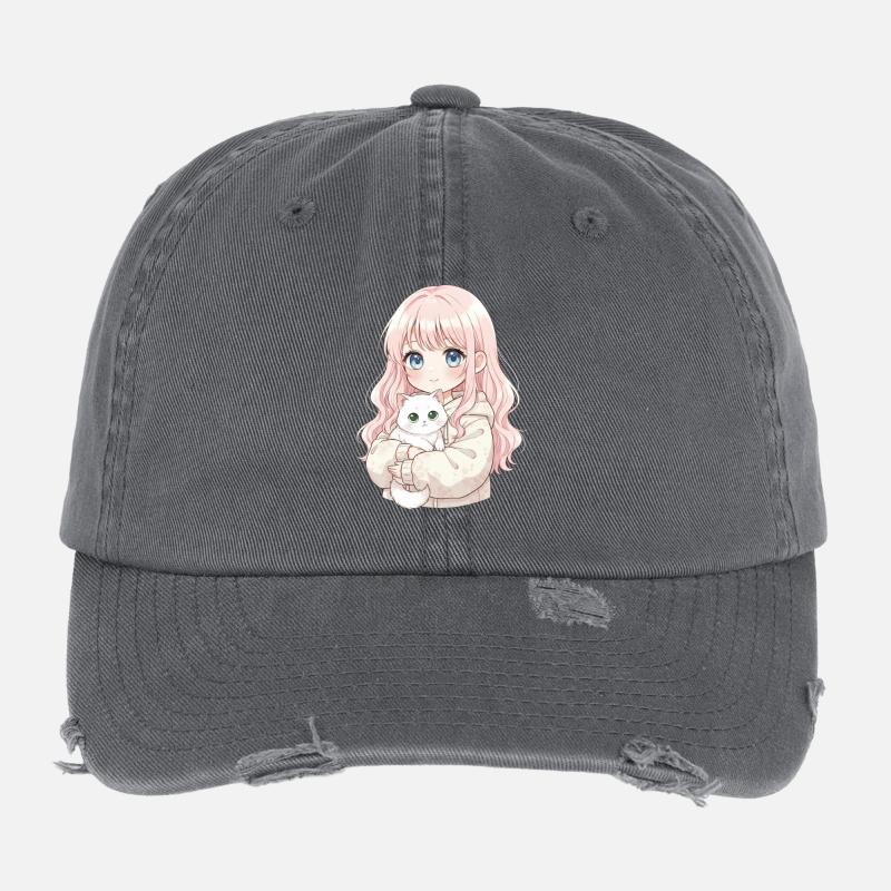 Anime Mädchen Katze Japan Kawaii Katzenliebhaber Flexfit Vintage Destroyed Cap