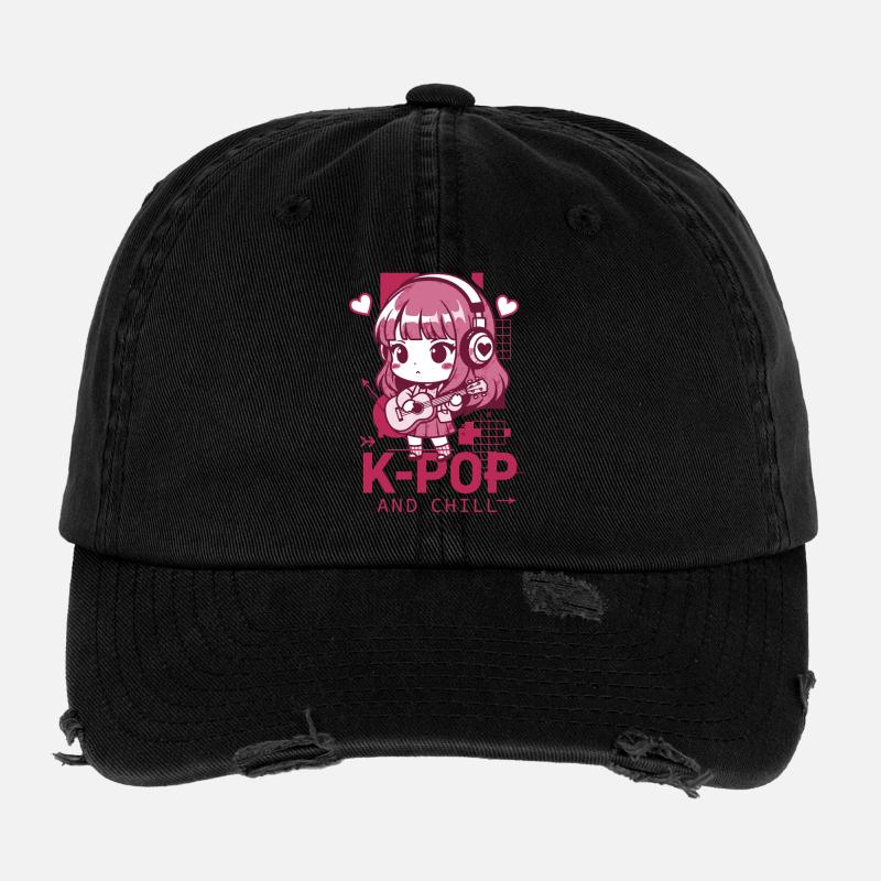 K-POP ET CHILL Kpop Musique coréenne Anime mignon - Casquette vintage effet usé Flexfit - noir