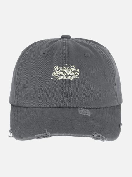 Besser offen gefahren als schlecht gelaufen  - Flexfit Vintage Destroyed Cap - Dunkelgrau - Vorne