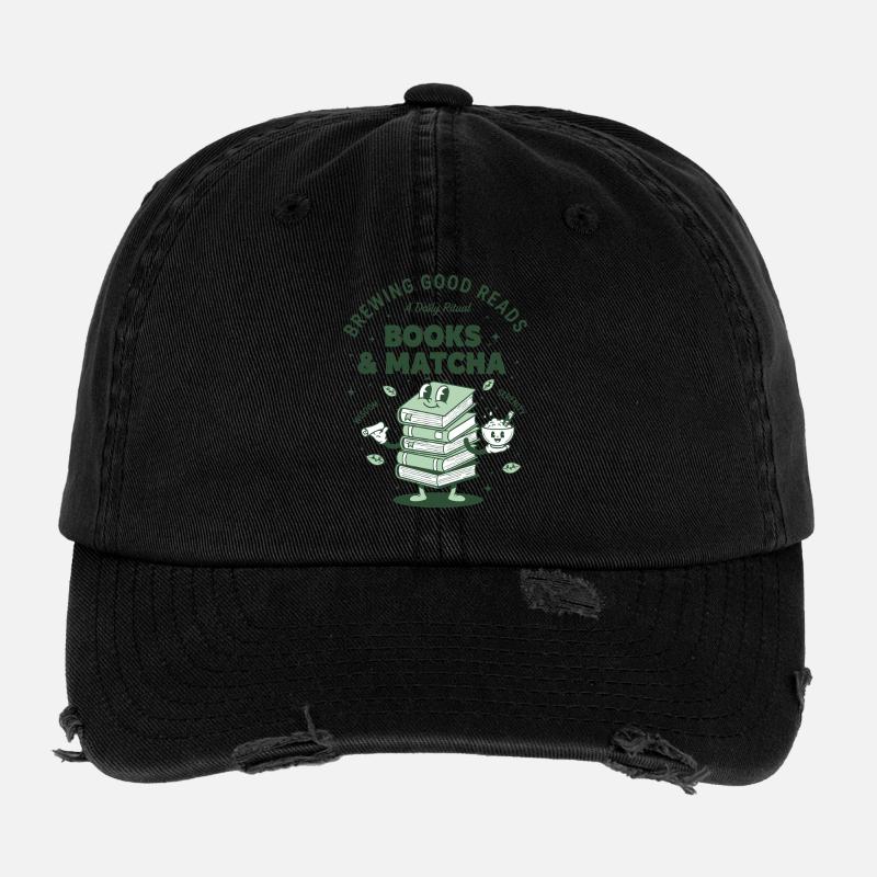 Books And Matcha Brewing Good Reads Matcha Tea Flexfit Vintage Destroyed Cap