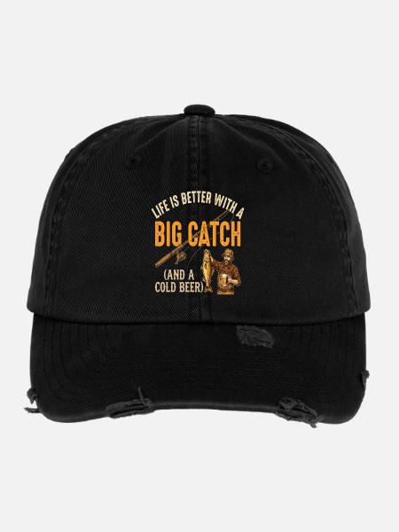 Life Is Better With A Big Catch - Flexfit Vintage Destroyed Cap - Schwarz - Vorne