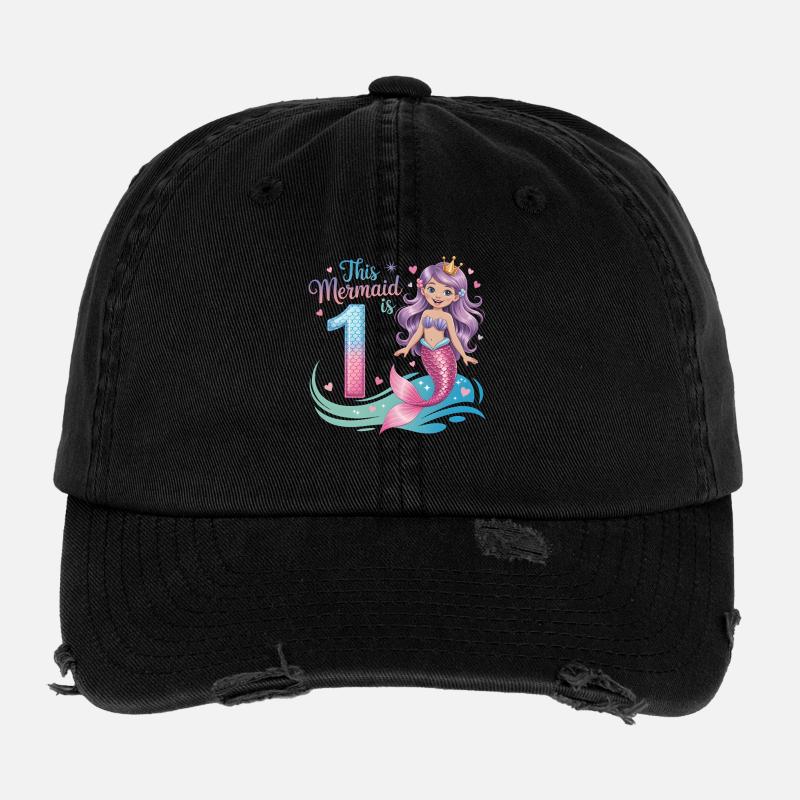 Mermaid 1st Birthday 1 Year Flexfit Vintage Destroyed Cap