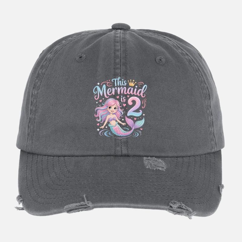Mermaid 2nd Birthday 2 Years Flexfit Vintage Destroyed Cap