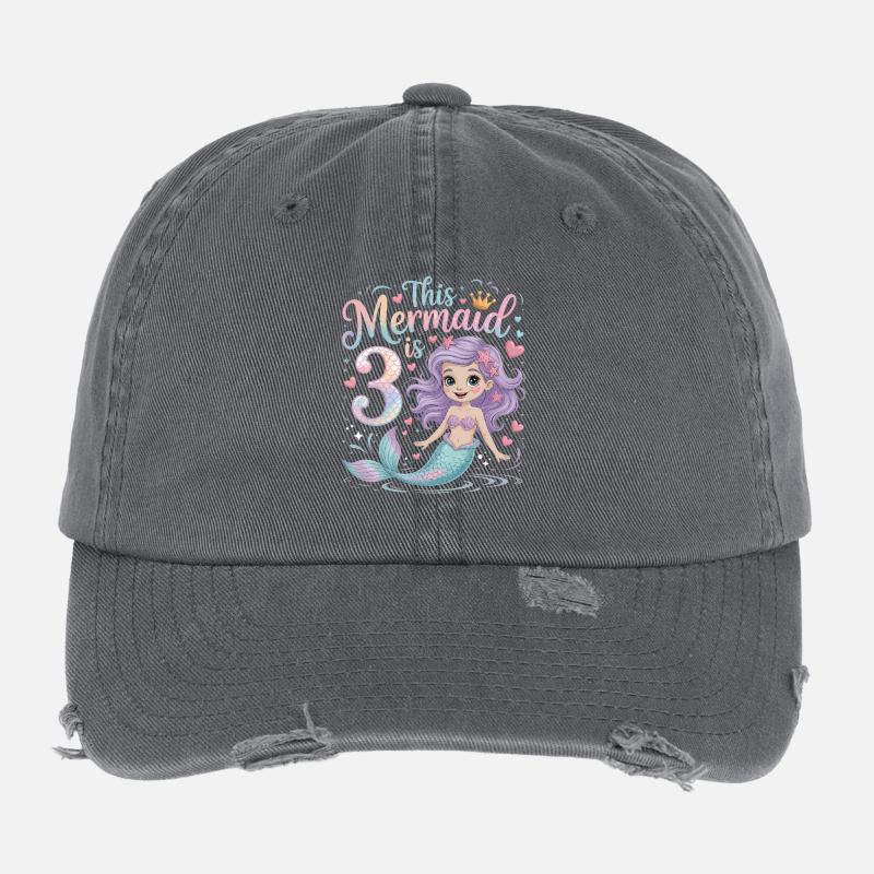 Mermaid 3rd Birthday 3 Years Flexfit Vintage Destroyed Cap