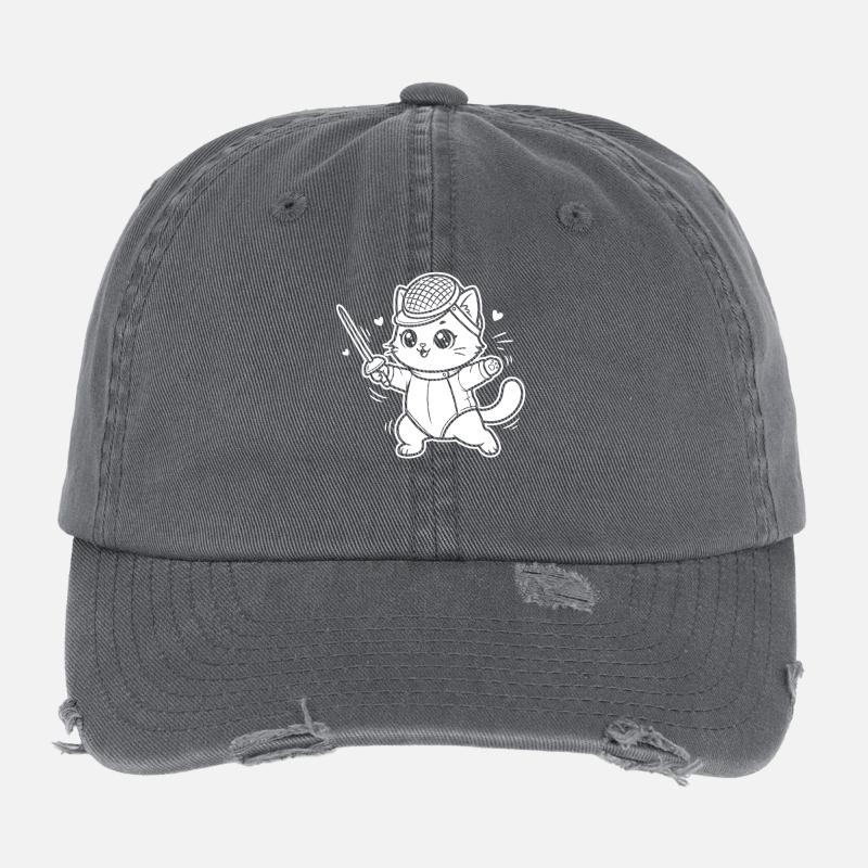 Fencing Kawaii Cat Flexfit Vintage Destroyed Cap