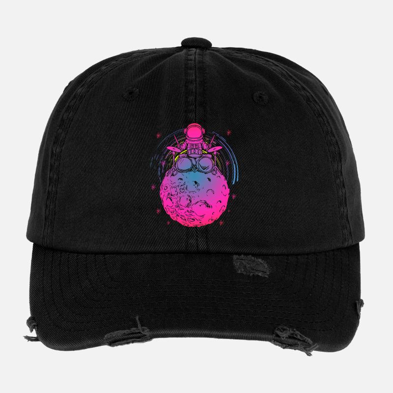 Neon Astronaut auf buntem Mond Flexfit Vintage Destroyed Cap