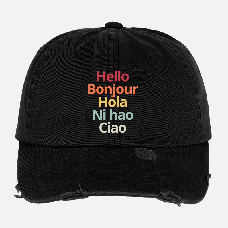 Hello in Different Languages Funny Linguistics Tee Flexfit Vintage Destroyed Cap