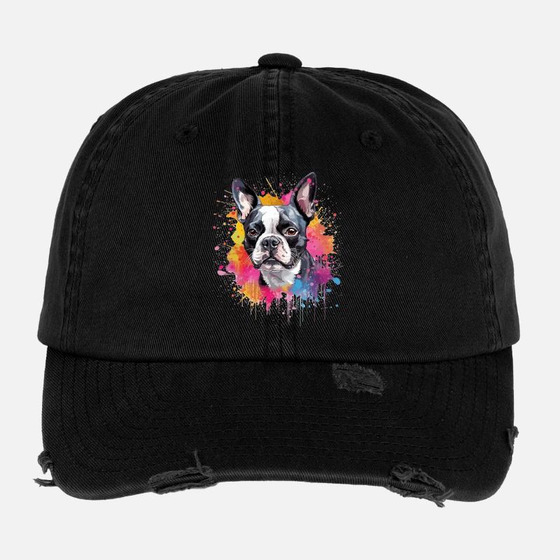 Bunte Splash Art Boston Terrier Hund Flexfit Vintage Destroyed Cap