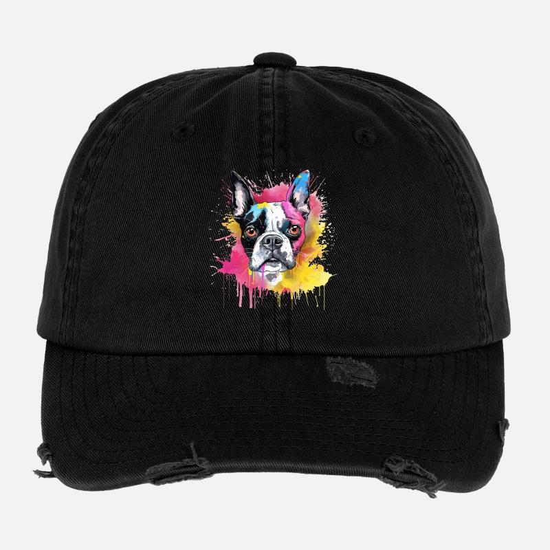 Boston Terrier Bunker Splash Art Hund Flexfit Vintage Destroyed Cap