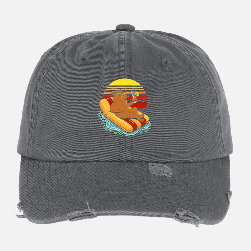 Le capybara sur un matelas gonflable boit du jus Casquette vintage effet usé Flexfit