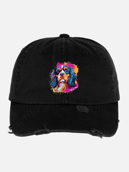 Cavalier King Charles Spaniel Dog - Flexfit Vintage Destroyed Cap - Schwarz - Vorne