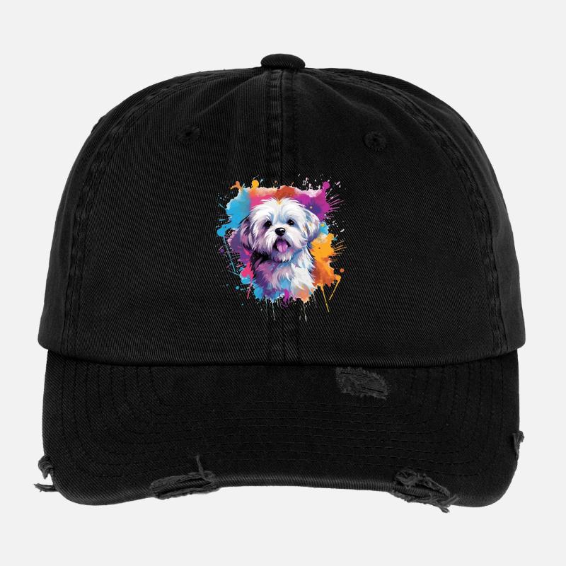 Farbenfrohe Spritzkunst Malteserhund Flexfit Vintage Destroyed Cap