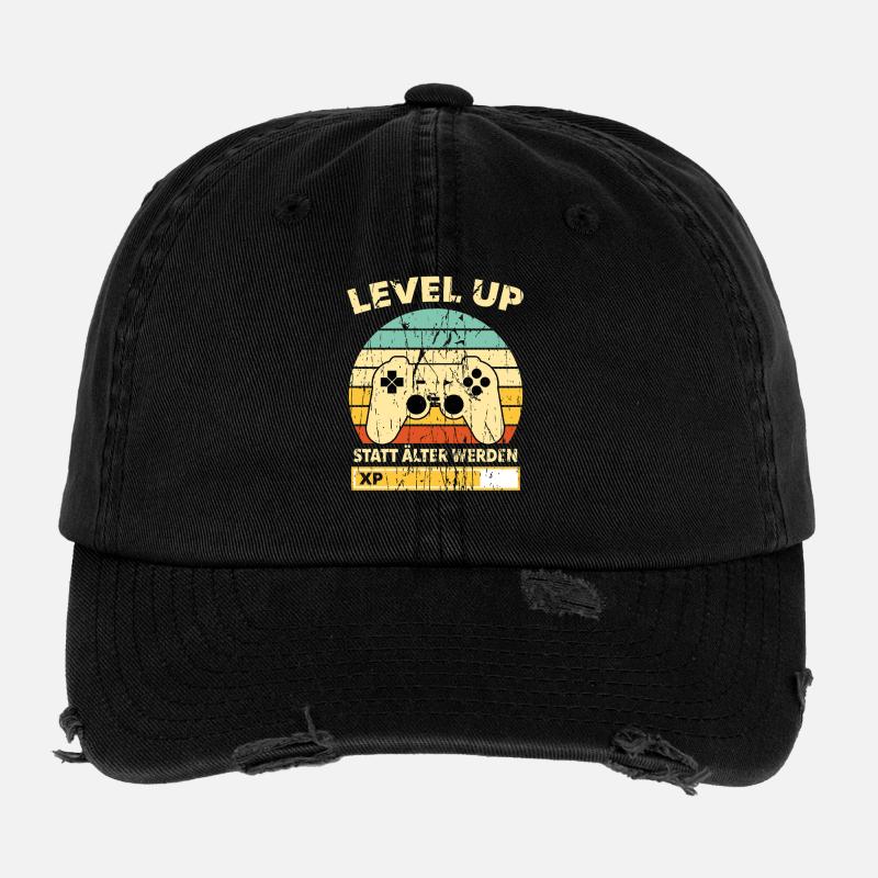 Level Up Retro Controller XP Geburtstag - Flexfit Vintage Destroyed Cap - Schwarz