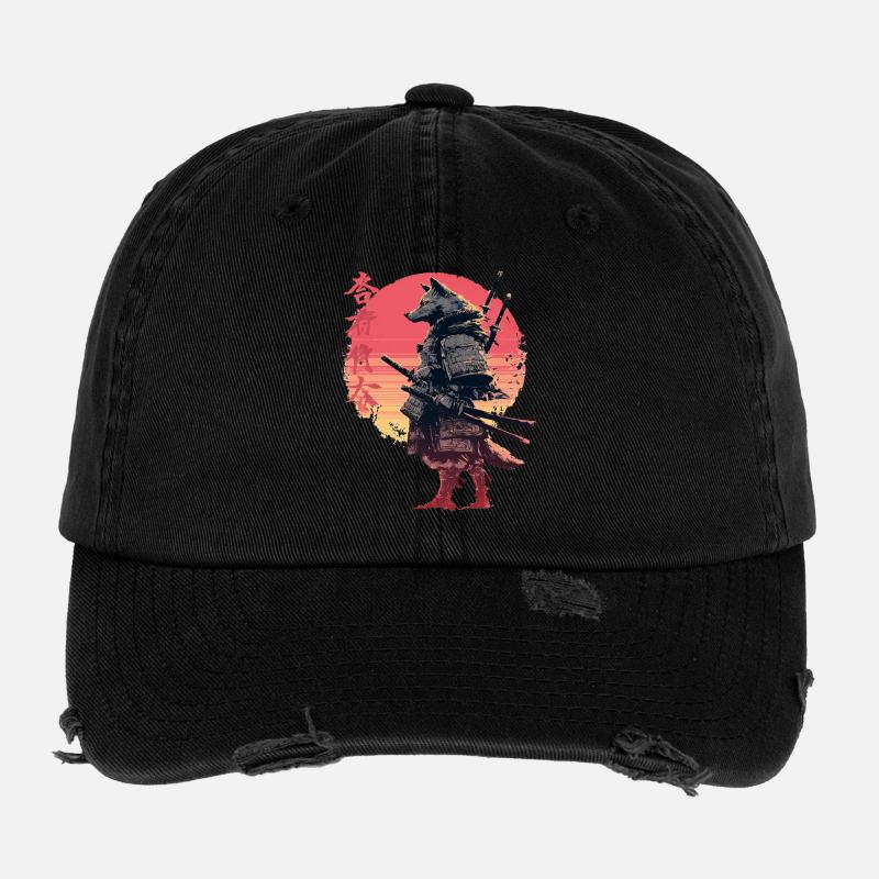 Wolf Samurai at Sunset - Flexfit Vintage Destroyed Cap - black